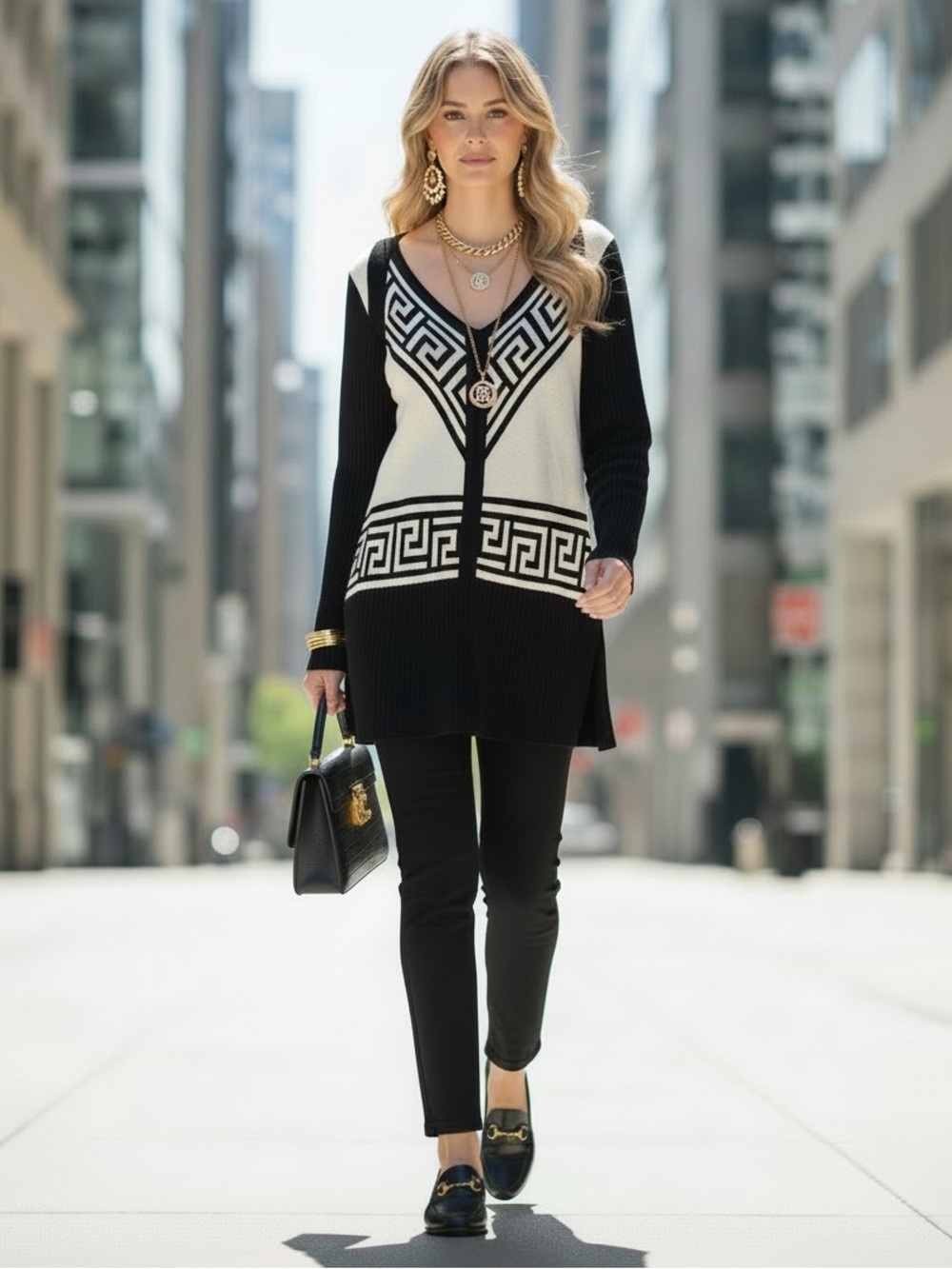 St. John Collection Greek Key Sweater Black & White Geometric V-Neck Tunic S - Picture 8 of 8